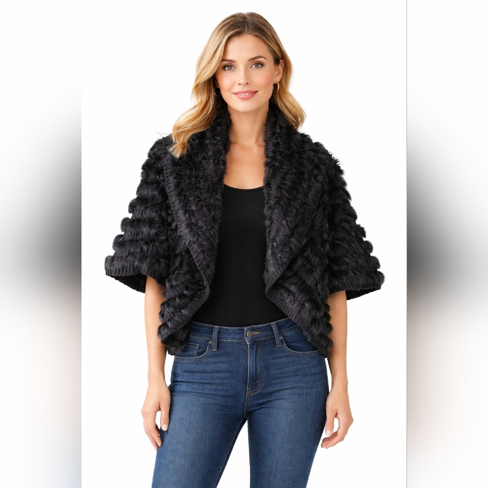 Rabbit Fur And Knit Bolero Shrug Shawl Collar Black Large